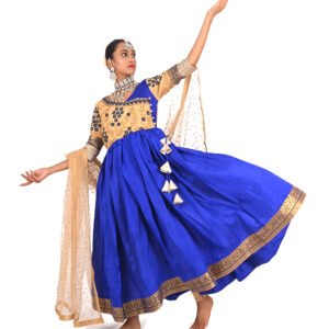 Kathak Heavy work Creame and Blue Silk 6 mts Anarkali  with Tassels and Dupatta