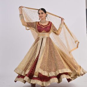 Kathak Maroon Mulberry Silk Anarakali 12 mts flare with Long Net Jacket and Belt
