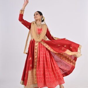 Kathak Pink Georgette Anarakali 5 mts flare with Cotton Long Jacket, Belt, Salwar and Dupatta