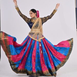 Kathak Blue and Pink Silk Kalidar Lehenga of 14 mts flare with Navy blue Blouse and Belt