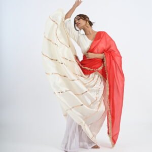 Kathak White Mulberry Silk Lehenga and Blouse with Red Dupatta
