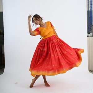Kathak Yellow and Red Silk Anarkali with Red Net Dupatta and Salwar