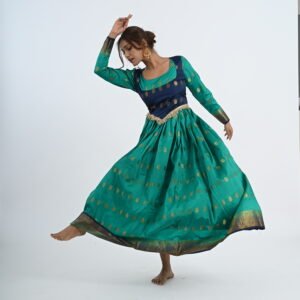 Kathak Green Silk Anarkali with Blue Koti, Salwar and Dupatta