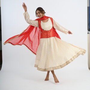 White Mulberry Silk Anarkali with Red Brocade Jacket, Dupatta and Salwaar