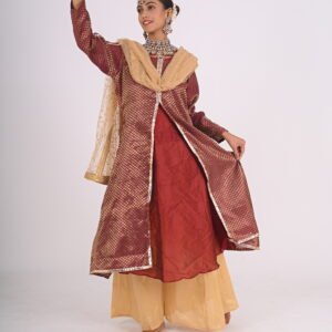Kathak Red Anarkali with long Maroon Brocade Jacket and Creame Sharara
