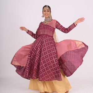 Kathak Wine and Pink Angrakha Anarkali with Sharara and Dupatta
