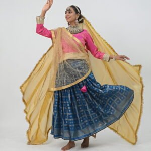 Kathak Georgette Blue Lehenga 5 mts flare with Brocade Pink Blouse and Dupatta