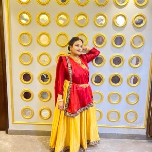 Kathak Yellow Satin Silk Lehenga with Red Satin Silk Blouse and Red Dupatta