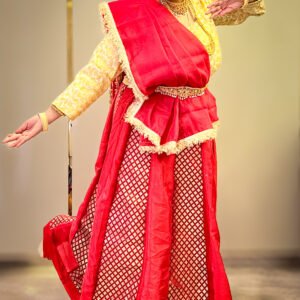 Kathak Red Satin-Brocade Lehenga with Creame Brocade Blouse and Red Dupatta