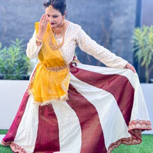 Kathak White Maroon Brocade Taffeta Silk Lehenga with White Brocade Silk Blouse and Golden Dupatta