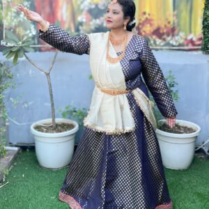 Kathak Blue Brocade Silk Lehenga with Blue Brocade Silk Blouse and Golden  Dupatta