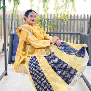 Kathak Blue-Creame Brocade Silk Lehenga with Creame Brocade Silk Blouse and Golden Dupatta