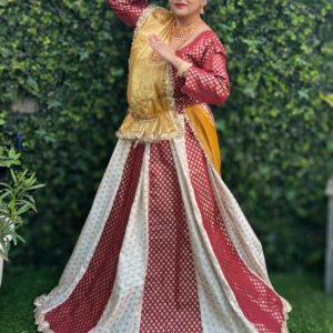 Kathak White Maroon Brocade Taffeta Silk Lehenga with Red Brocade Silk Blouse and Golden Dupatta