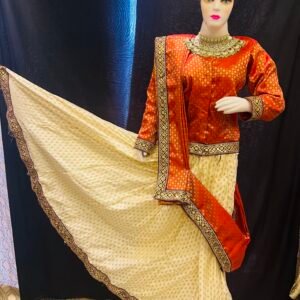 Kathak White Mulberry Silk Lehenga with Red Brocade Silk Blouse and Red Brocade Dupatta