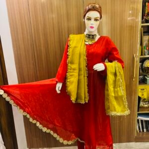 Red Satin Anarkali with Golden Jimmy Choo Dupatta and Salwar