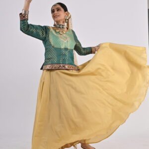 Kathak Creame 8 mts flare Lehenga with Green Double Print Brocade Blouse and Double Duptta