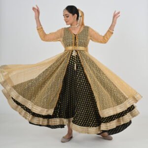 Kathak Black Mulberry Silk Anarakali 12 mts flare with Long Net Jacket and Belt