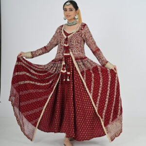 Kathak Upcycled Silk and georgette Anarakali of 8 mts flare with Long Net Jacket
