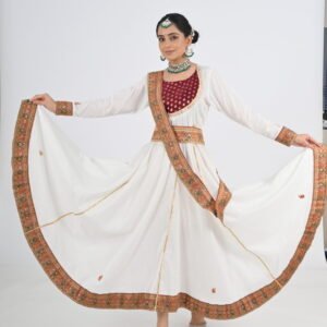 Kathak White Rayon Anarakali 12 mts flare with Banarasi Wide Border and Dupatta