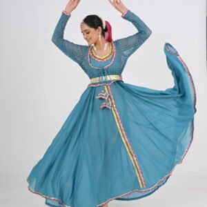 Kathak Blue Georgette Anarakali 8 mts flare with Hakoba Embroidery Blue Jacket and Belt