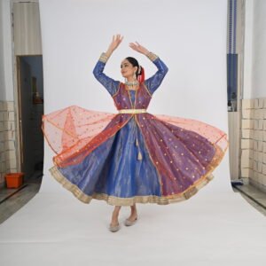Kathak Blu Georgette Anarkali 12 mts flare with Maroon Embroidery Brocade Jacket and Maroon Lehenga underneath (Copy)