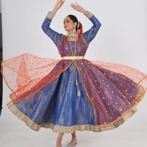 Kathak Blue Brocade Anarkali 12 mts flare with Maroon Net Jacket, Belt and Dupatta