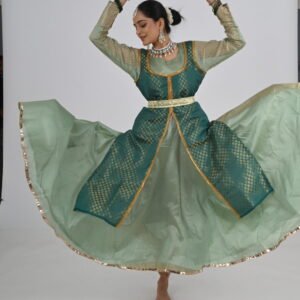 Kathak Mauve Green Anarkali 8 mts flare with Brocade Jacket , Belt and Dupatta