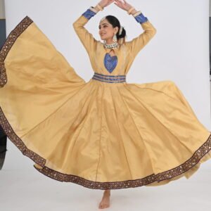 Kathak Creame Tafetta Silk Anarkali 9 mts flare with Belt and Dupatta