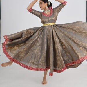 Kathak Grey Brocade Silk Anarkali 10 mts flare with Belt and Dupatta