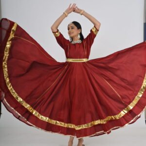 Kathak Maroon Tafetta Silk Anarkali 12 mts flare with Belt and Dupatta