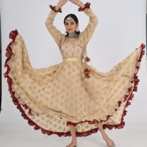 Kathak Creame Brocade Silk Anarkali 12 mts flare with Maroon Lace, Belt and Dupatta