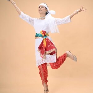 Traditional White Chikankari Kurta with Red Banarasi Salwar & Bandhani Waistbelt – Folk Dance Costume