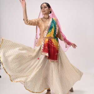 Beige-Gold Banarasi Lehenga with Multicolor Bandhani Dupatta, Brocade Blouse & Pink Net Veil
