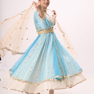 Kathak Ivory Mulberry Embroidered Anarkali with Golden Belt with Firozi Jacket & Net Dupatta