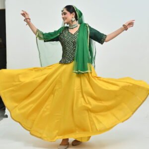 Kathak Yellow Flared Lehenga with Green Printed Blouse & Matching Net Dupatta