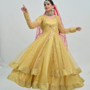 Kathak Golden Net Anarkali with Embroidered Borders, Satin Inner Lehenga & Pink Net Dupatta