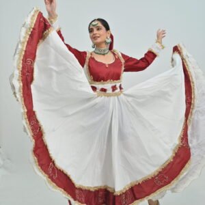 Kathak Anarkali  with Maroon Border & Dupatta – Embellished Classical Dance Costume