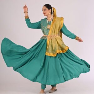 Green Kathak Anarkali with Leggings, Brocade Jacket and Golden Dupatta