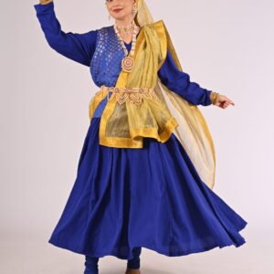 Blue Kathak Anarkali with Leggings, Brocade Jacket and Golden Dupatta