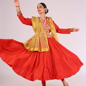Red Kathak Anarkali with Leggings, Brocade Jacket and Golden Dupatta