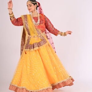 Kathak Radha Yellow Net Lehenga with Brocade Blouse and Jacket and Dupatta