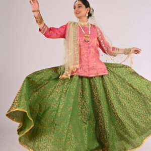 Kathak Green Brocade Lehenga with Double Shaded Pink Brocade Blouse and Net Dupatta