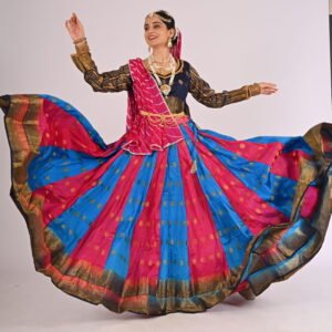 Radha Pink and Blue Lehenga with Blue Blouse , Dupatta, Kamarband and Jewellery for Kathak